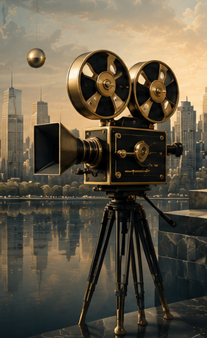 A vintage brass-and-black film camera on a tripod before the New York skyline reflected in still water.
