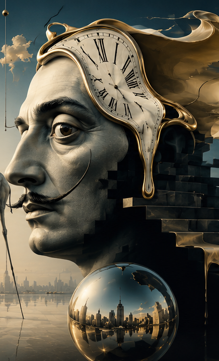 A profile of Salvador Dalí with a melting clock draped over the brow and a mirrored sphere reflecting the Manhattan skyline below.