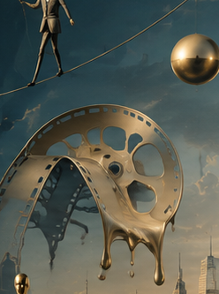 A film reel melting into liquid gold beneath a tightrope walker, dripping over the city below.